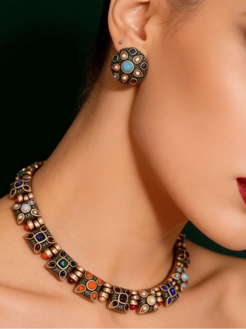 Multicolor Bohemian Style Statement Necklace and Stud Earrings Set